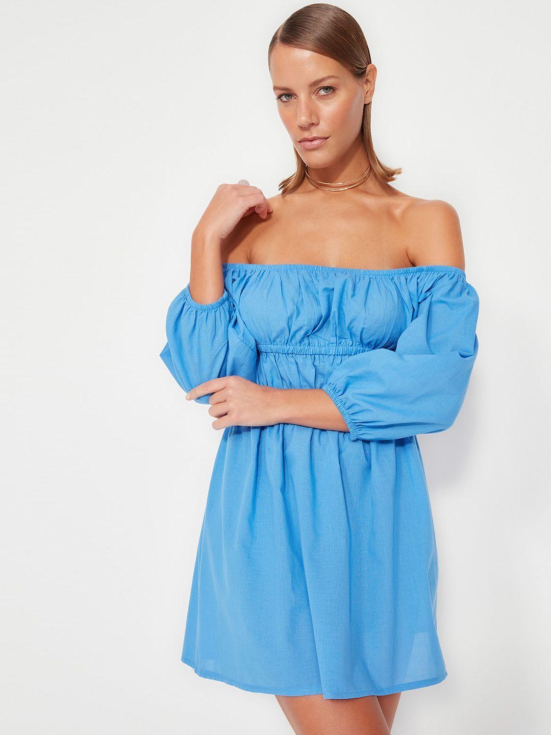 trendyol off-shoulder puff sleeves pure cotton fit & flare dress