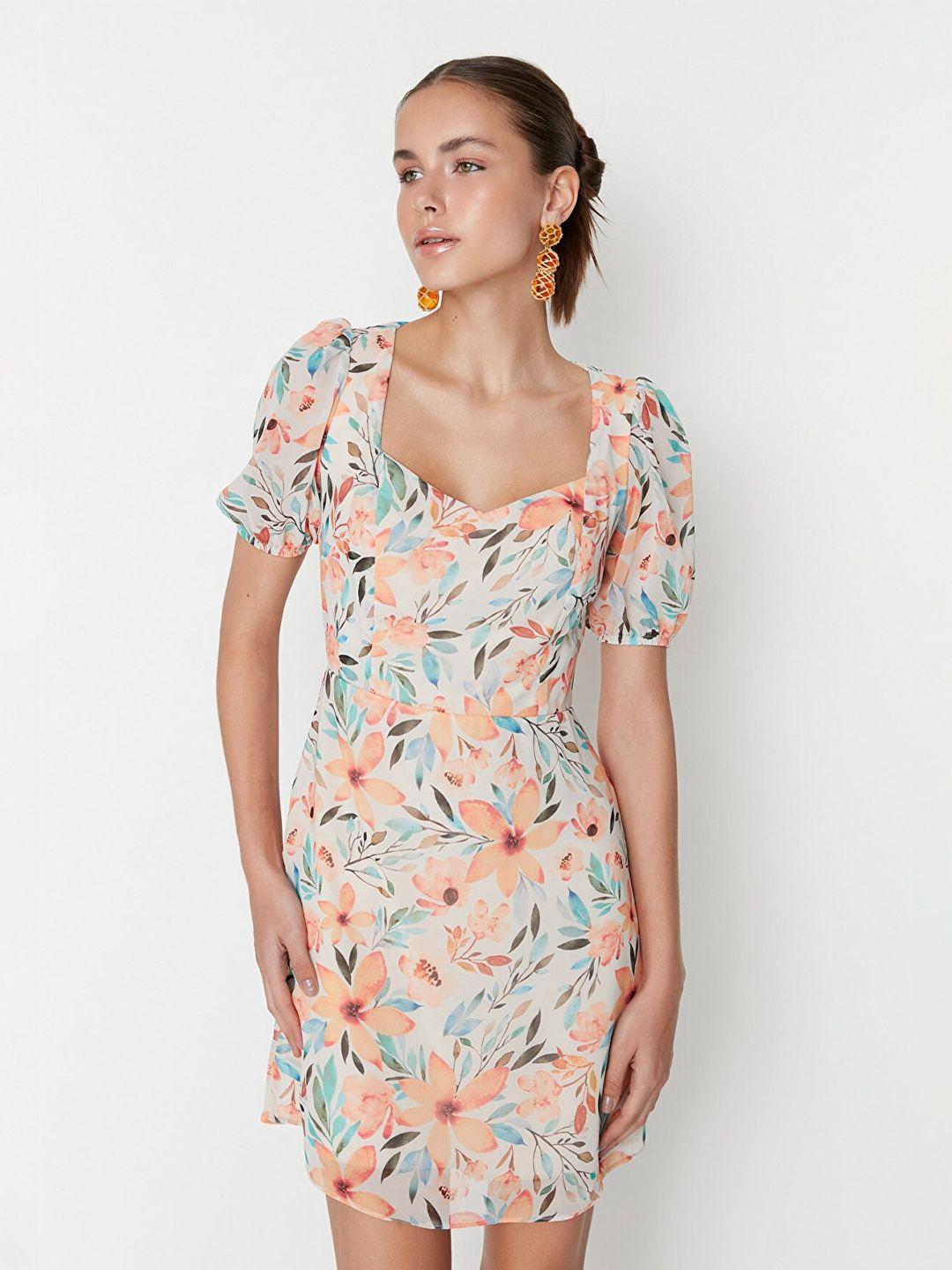trendyol off white & peach-coloured floral a-line mini dress