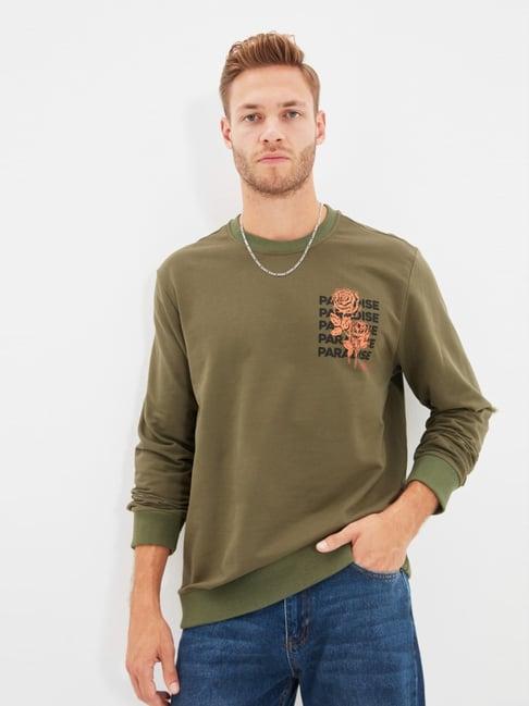 trendyol olive green cotton regular fit printed sweatshirt