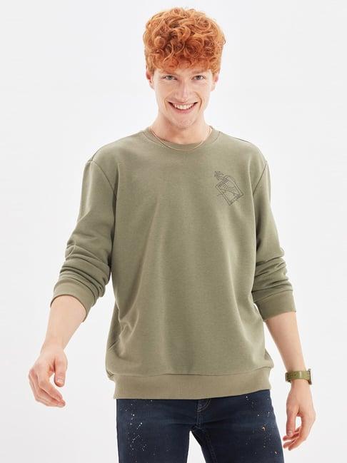 trendyol olive green regular fit printed sweatshirt