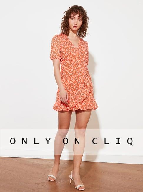 trendyol orange floral print a-line dress