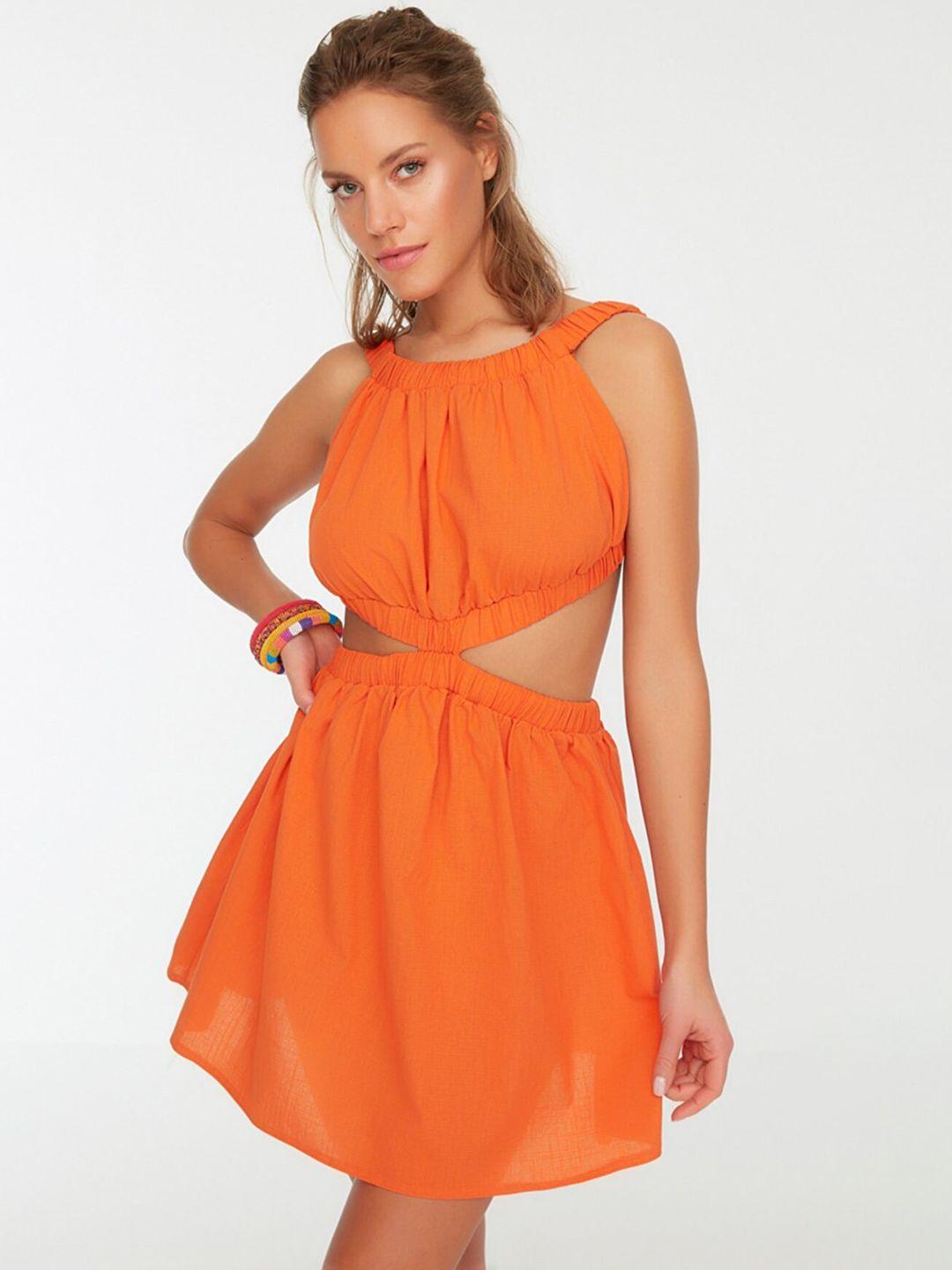 trendyol orange solid pure cotton cut-out a-line dress