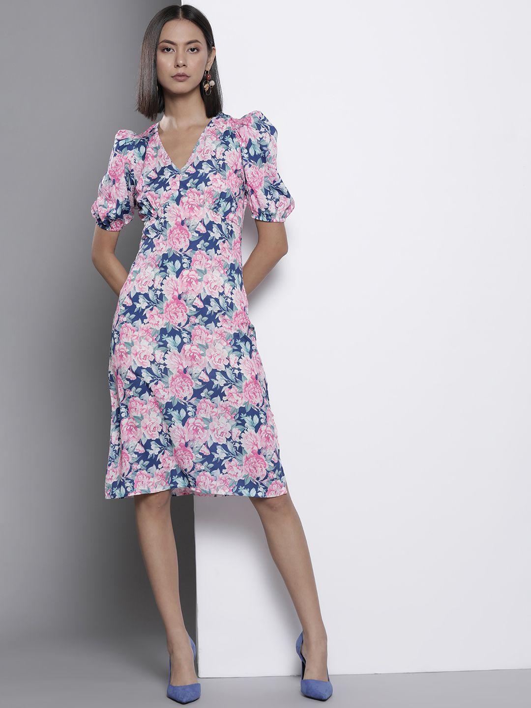 trendyol pink & blue floral a-line dress