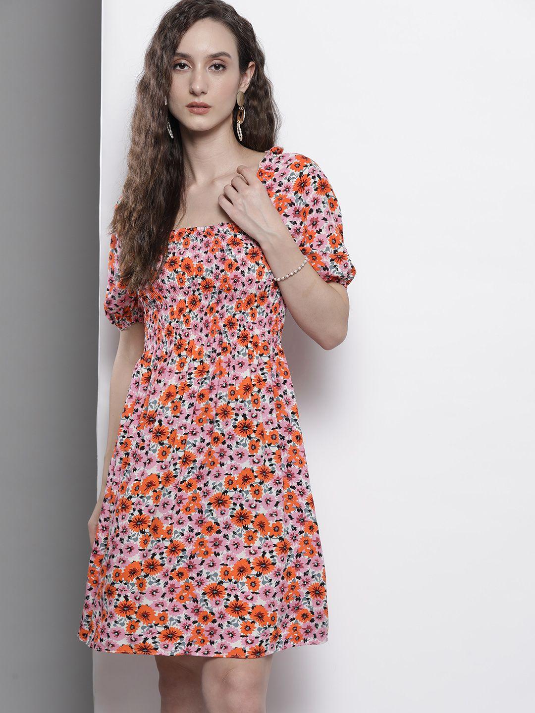 trendyol pink & orange floral printed puff sleeves a-line dress