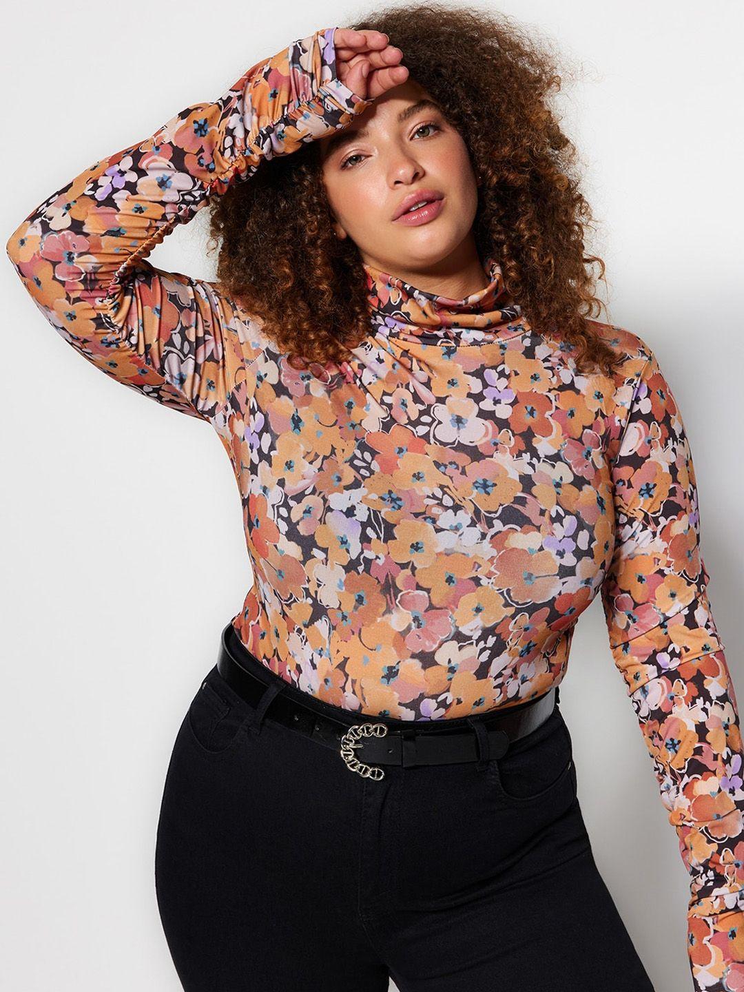 trendyol plus size floral printed high neck fitted top