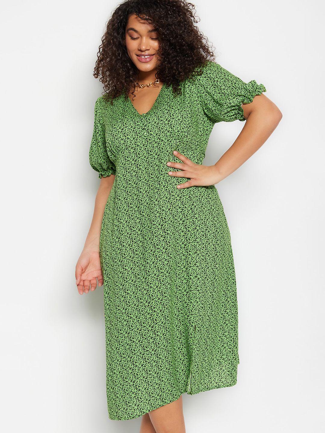 trendyol plus size floral printed puff sleeve a-line midi dress