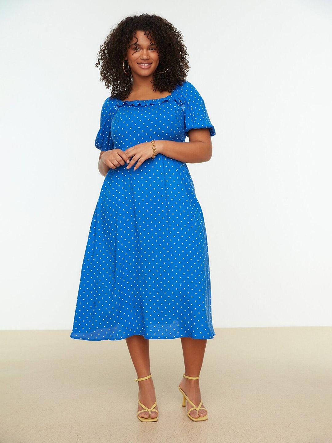 trendyol plus size polka dot print fit & flare midi dress