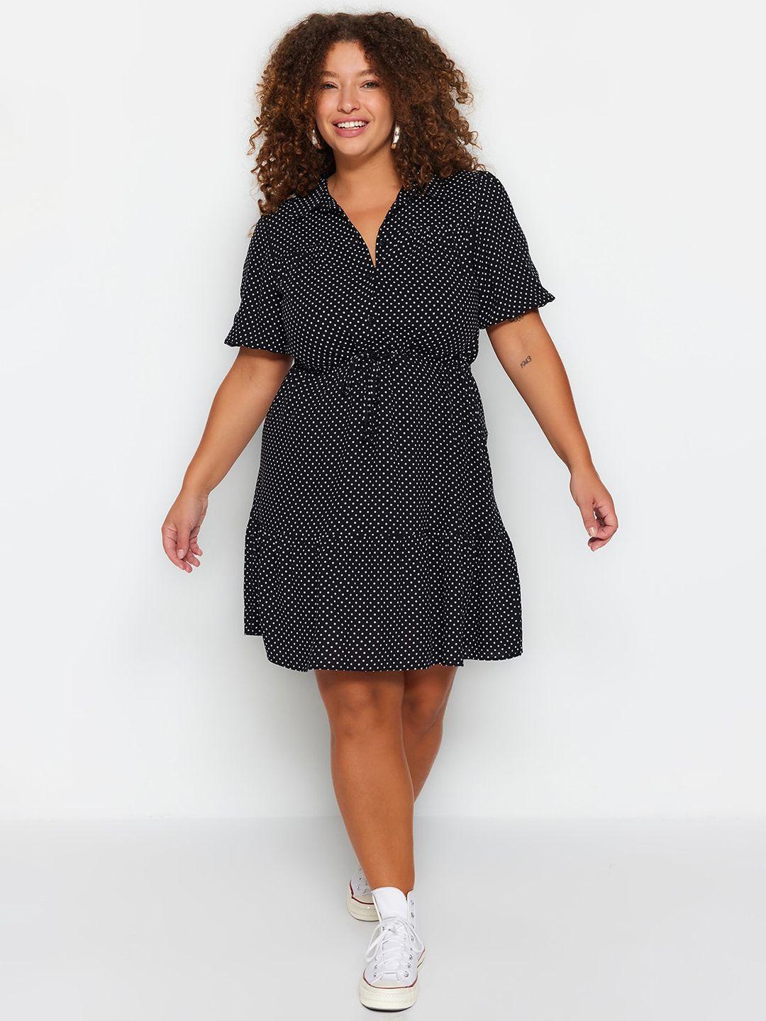trendyol plus size polka dot printed shirt collar fit & flare casual dress