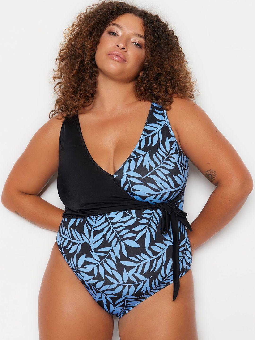trendyol plus size tropical printed v-neck swim bodysuit
