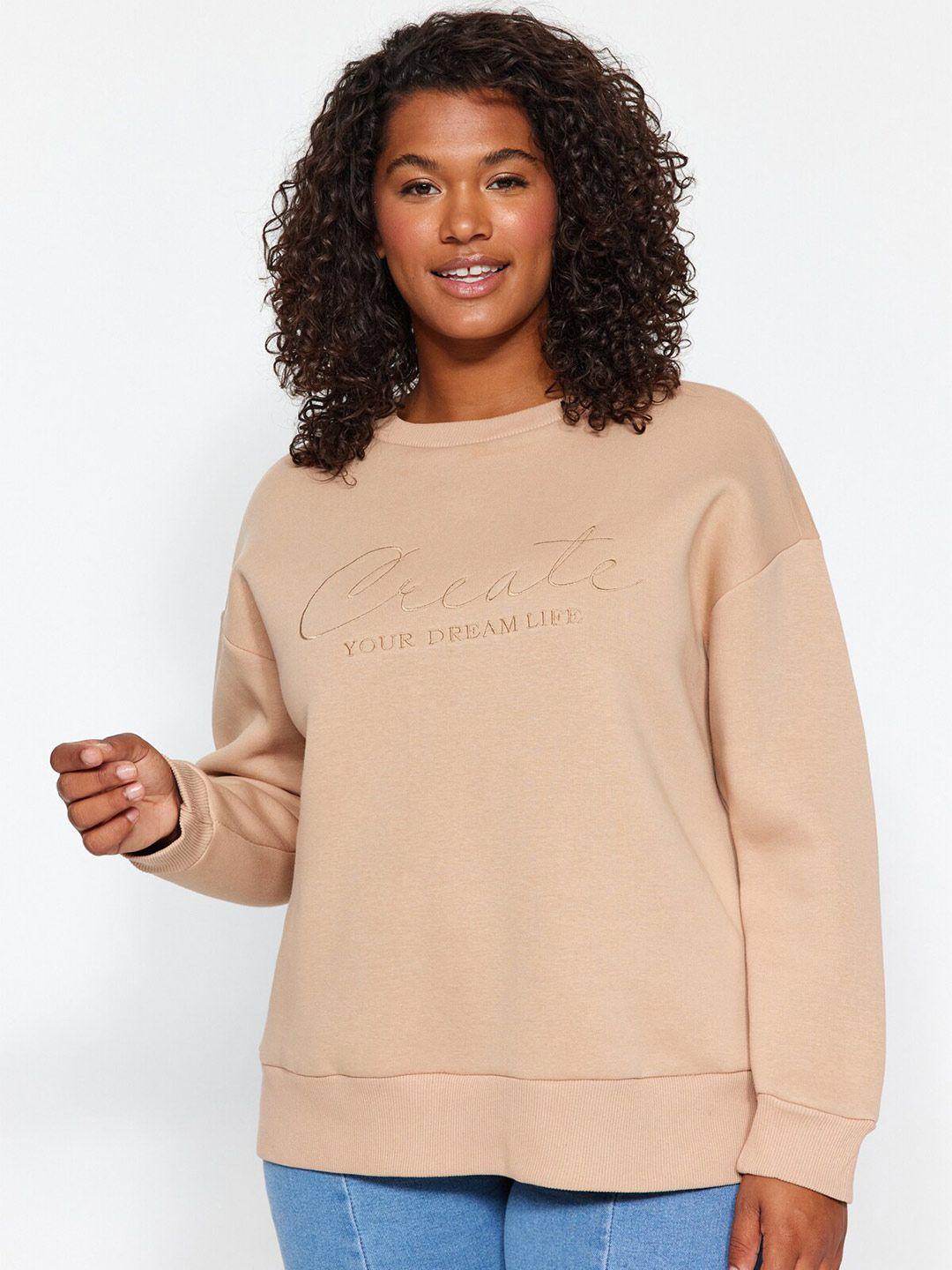 trendyol plus size typography embroidered round neck pullover sweatshirt