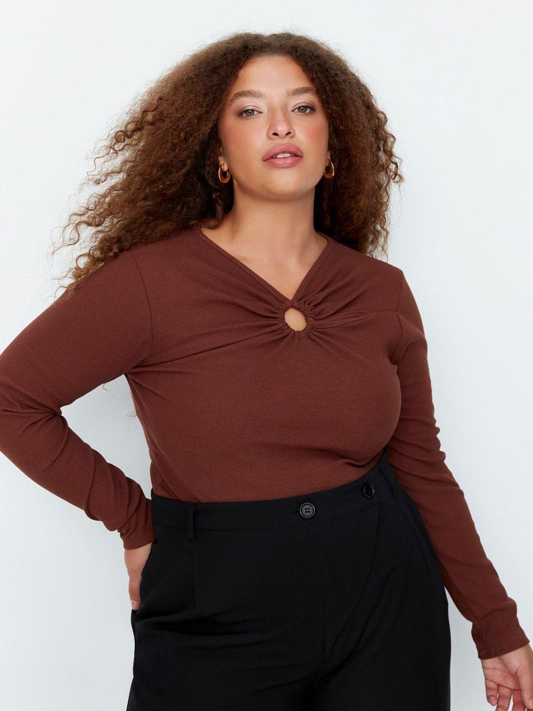 trendyol plus size v-neck gathered detail fitted top
