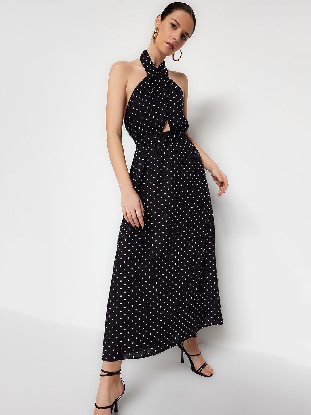 trendyol polka dot printed halter neck maxi dress