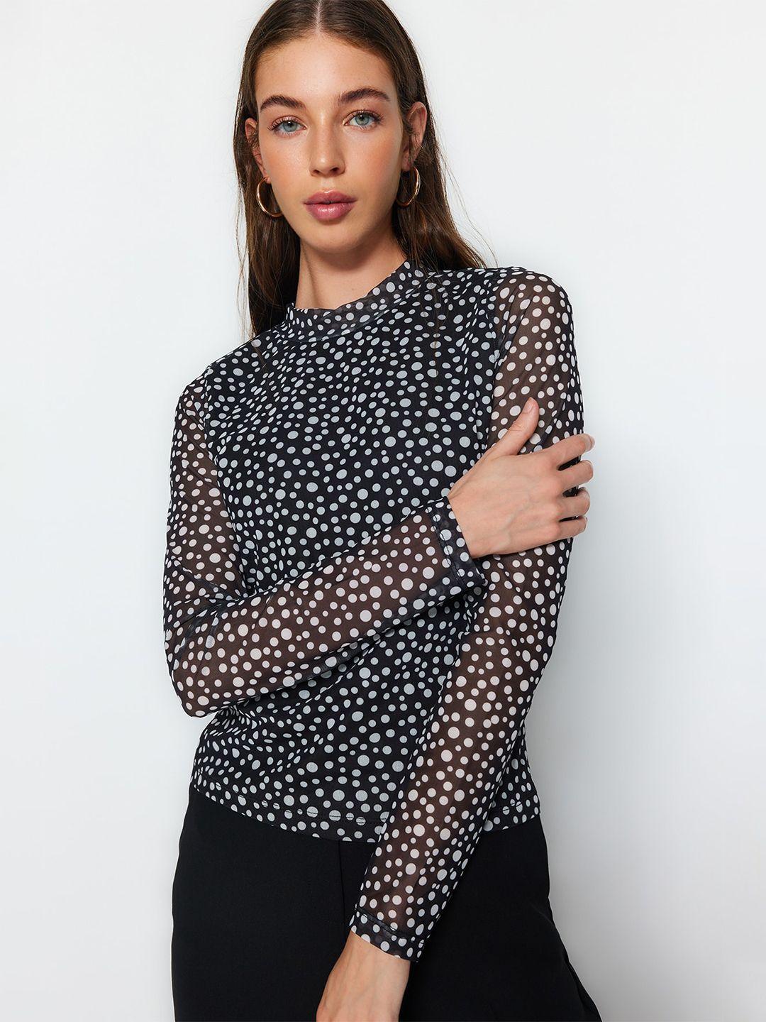 trendyol polka dot printed high neck semi sheer top