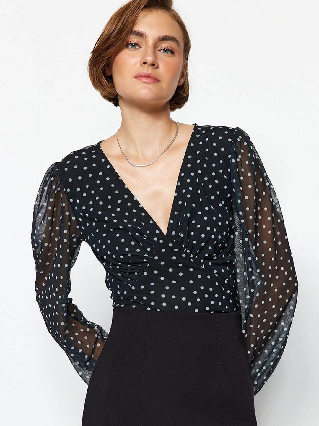 trendyol polka dot printed v-neck gathered empire regular top