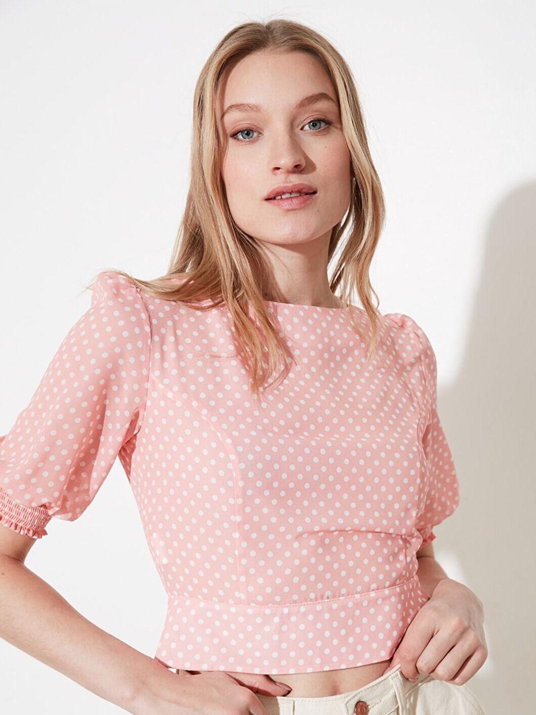 trendyol polka dots print puff sleeves crop top