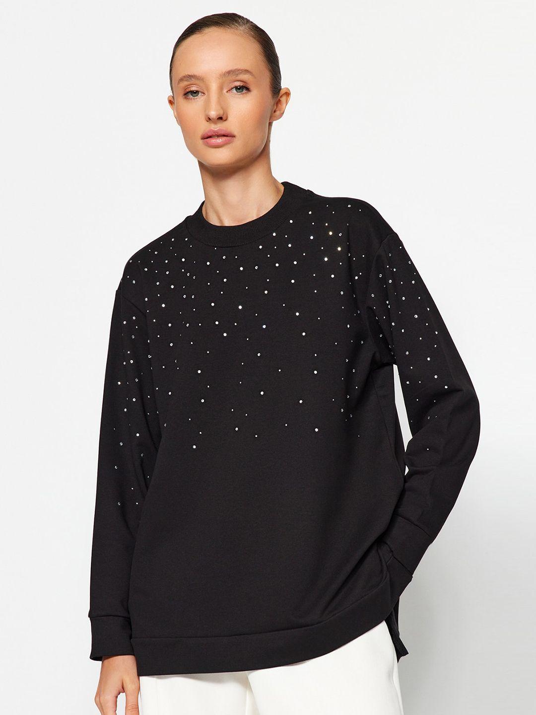 trendyol polka dots printed cotton pullover sweatshirt