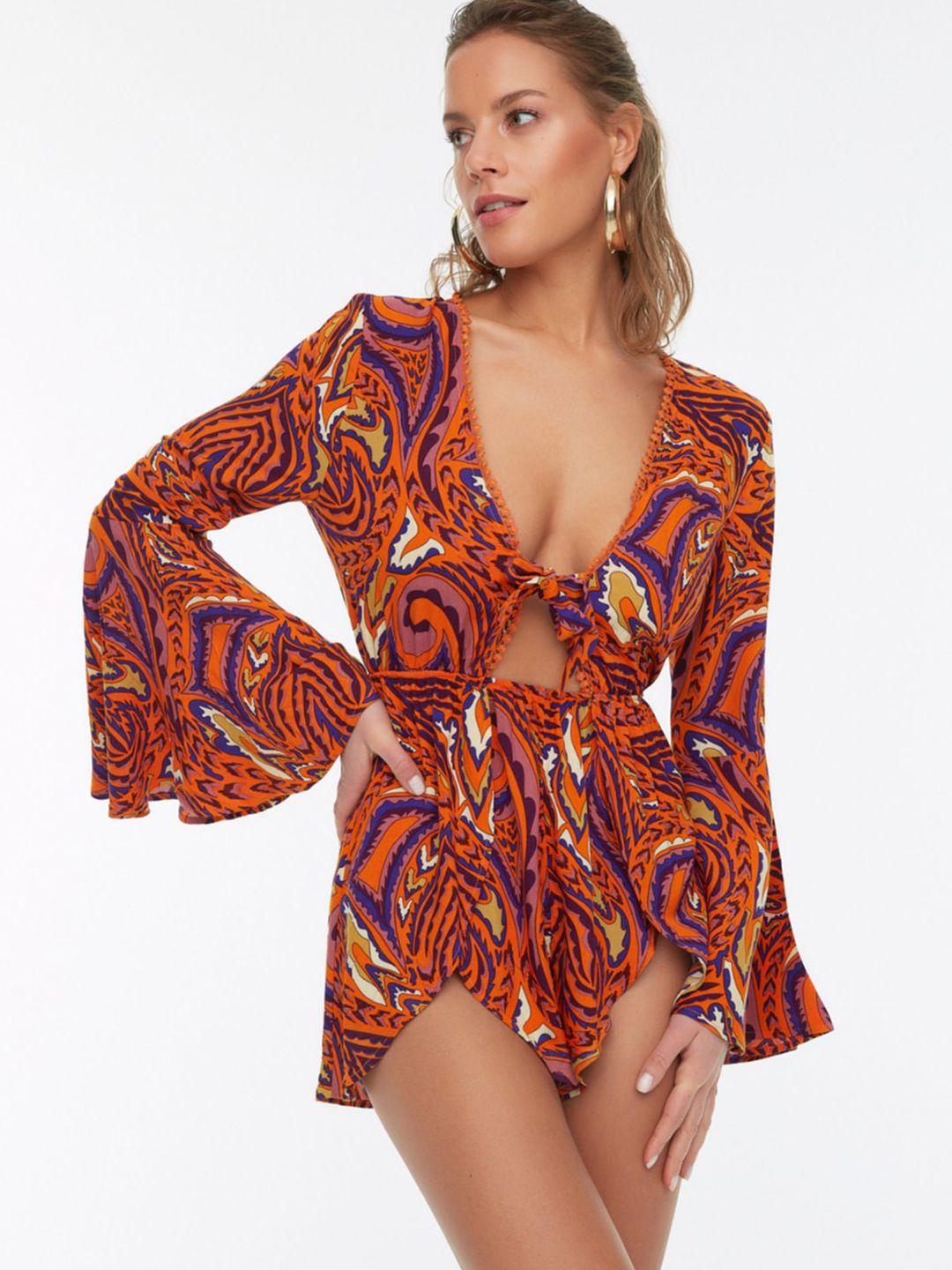 trendyol printed v-neck long sleeves playsuit