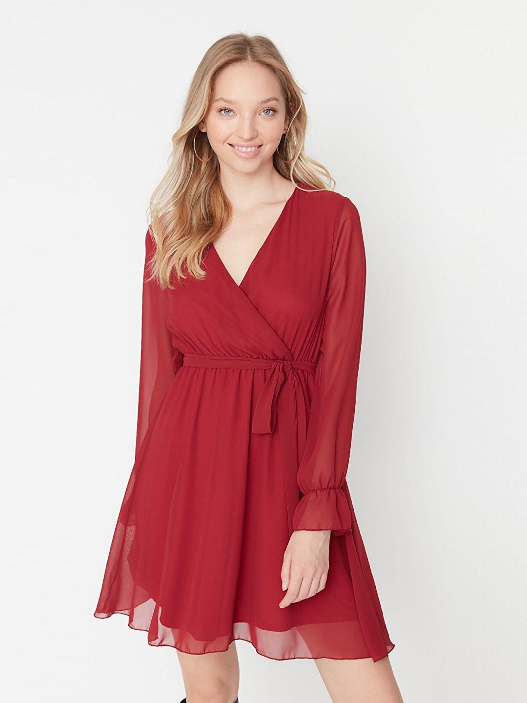 trendyol puff sleeve fit & flare dress with belt