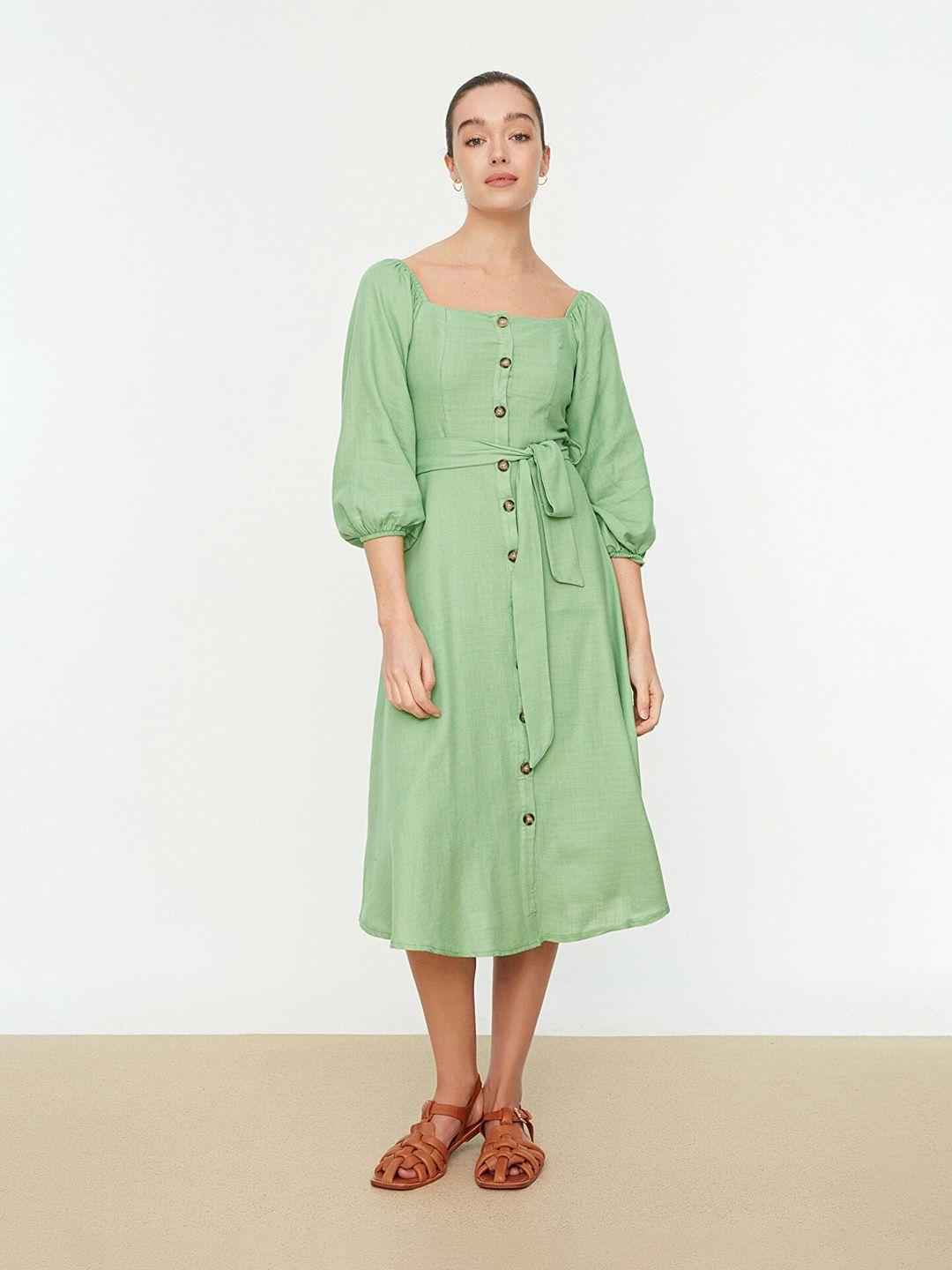 trendyol puff sleeves belted a-line midi dress