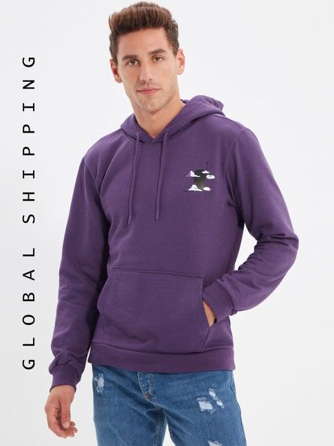 trendyol purple regular fit printed hooded sweatshirt