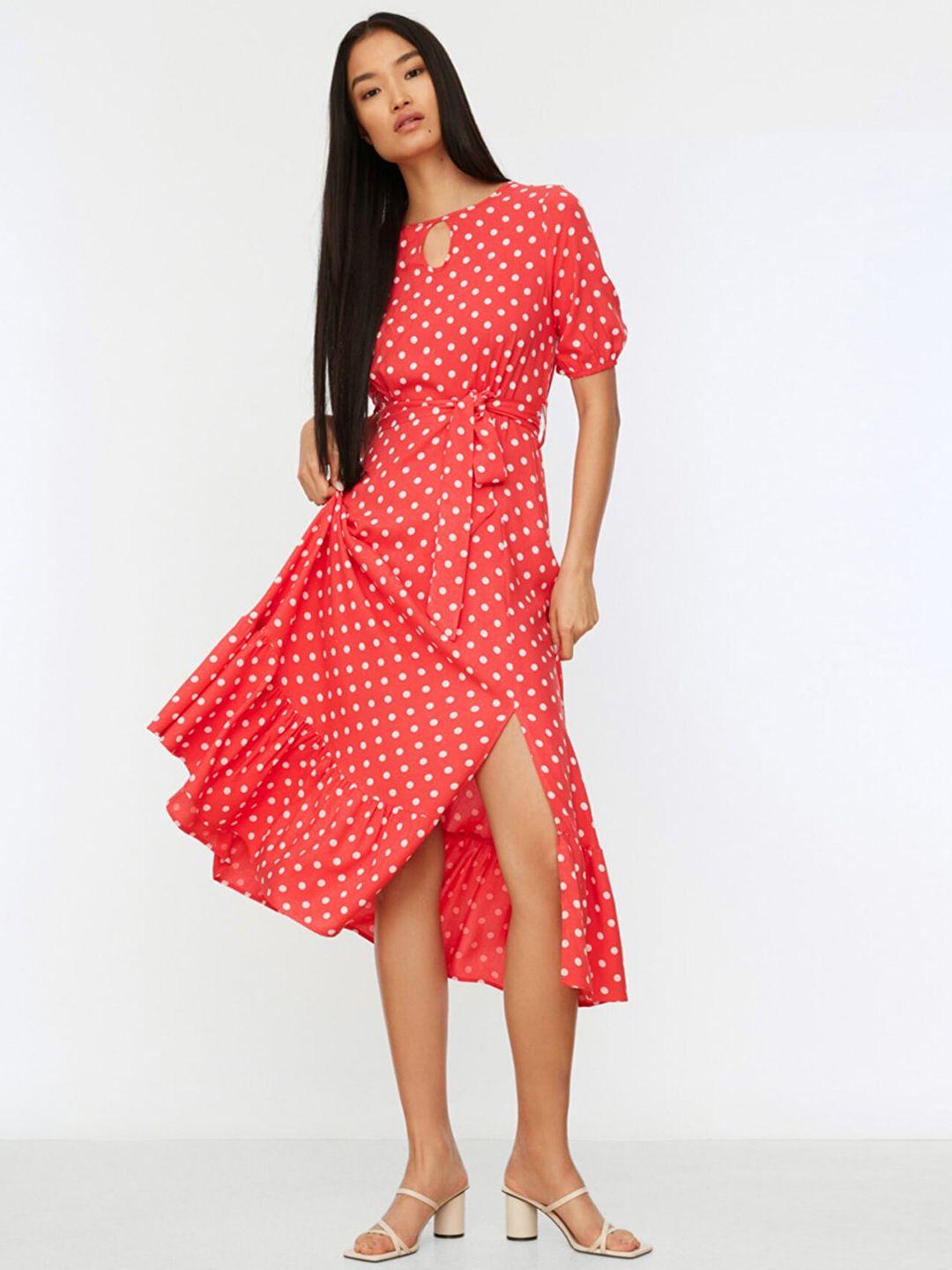 trendyol red & white keyhole neck a-line midi dress