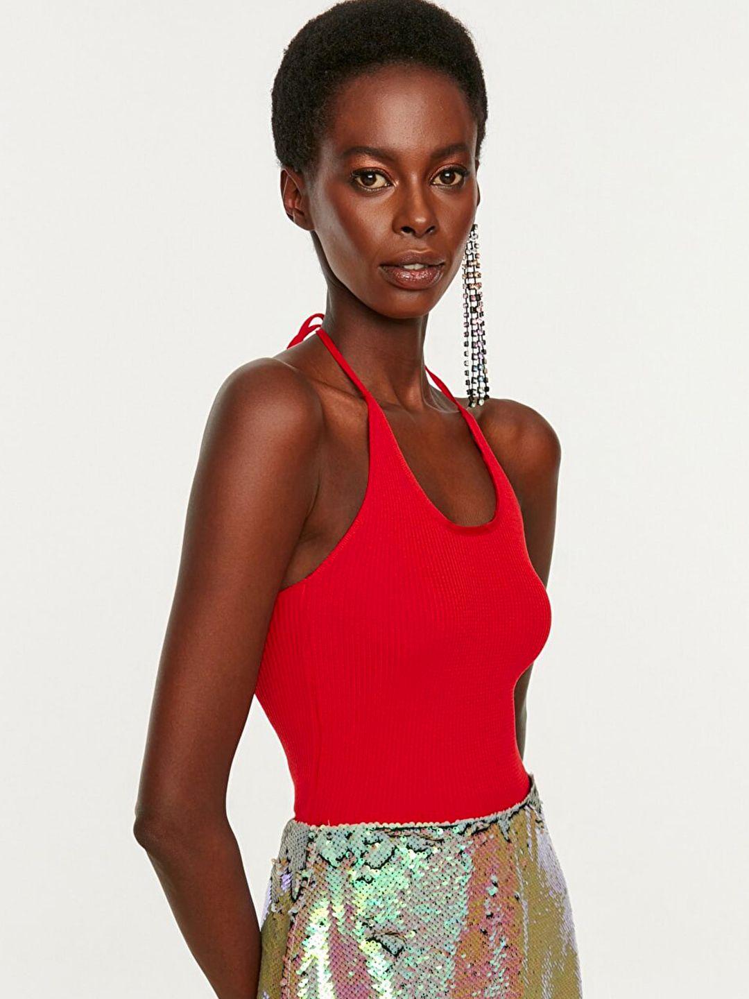 trendyol red solid halter neck fitted top