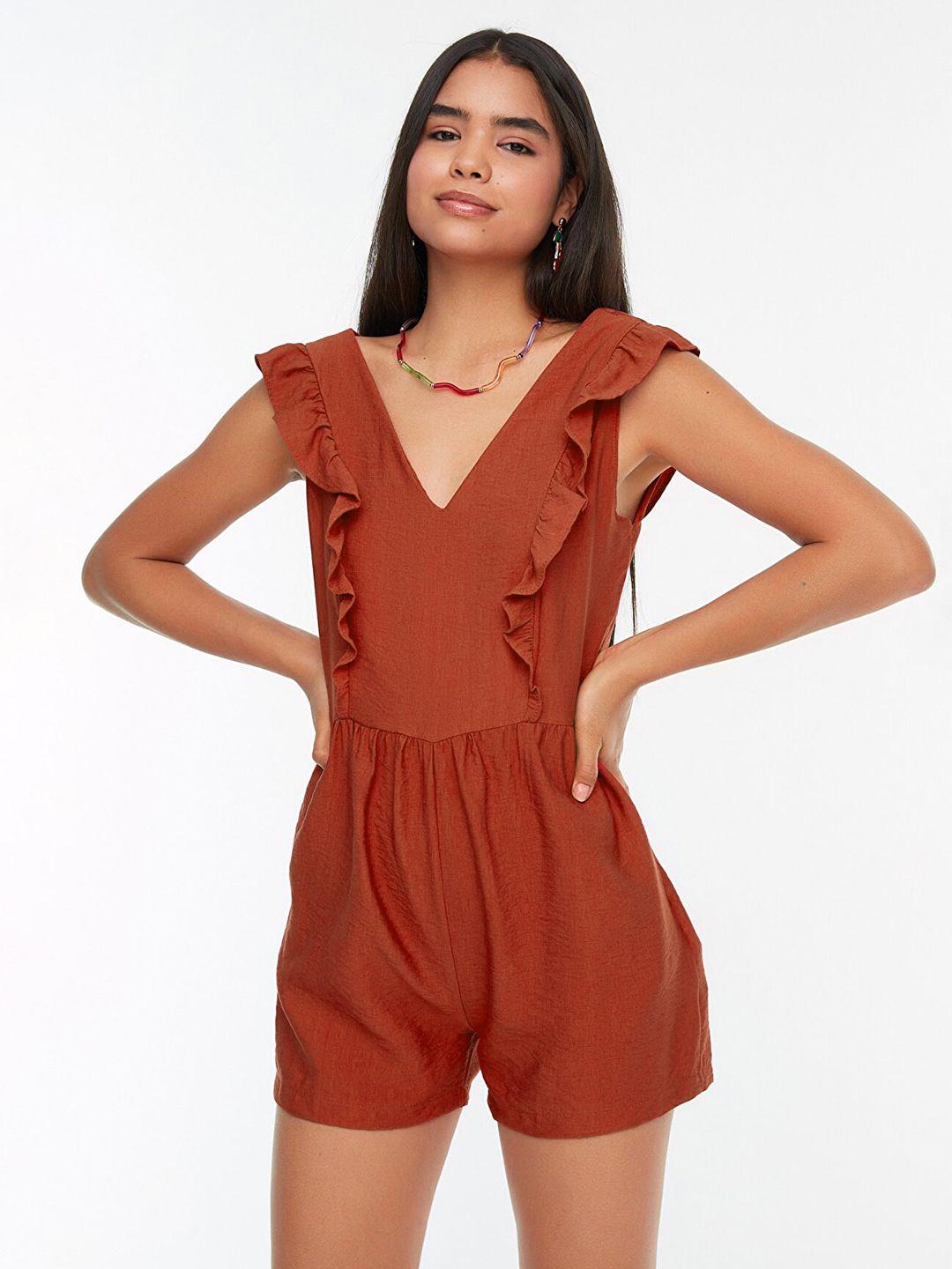 trendyol red solid ruffles playsuit