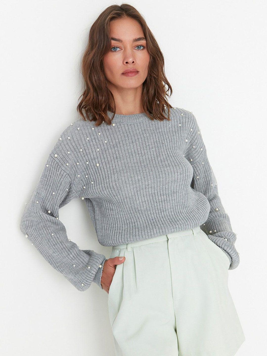 trendyol ribbed acrylic sweater with embellished detail