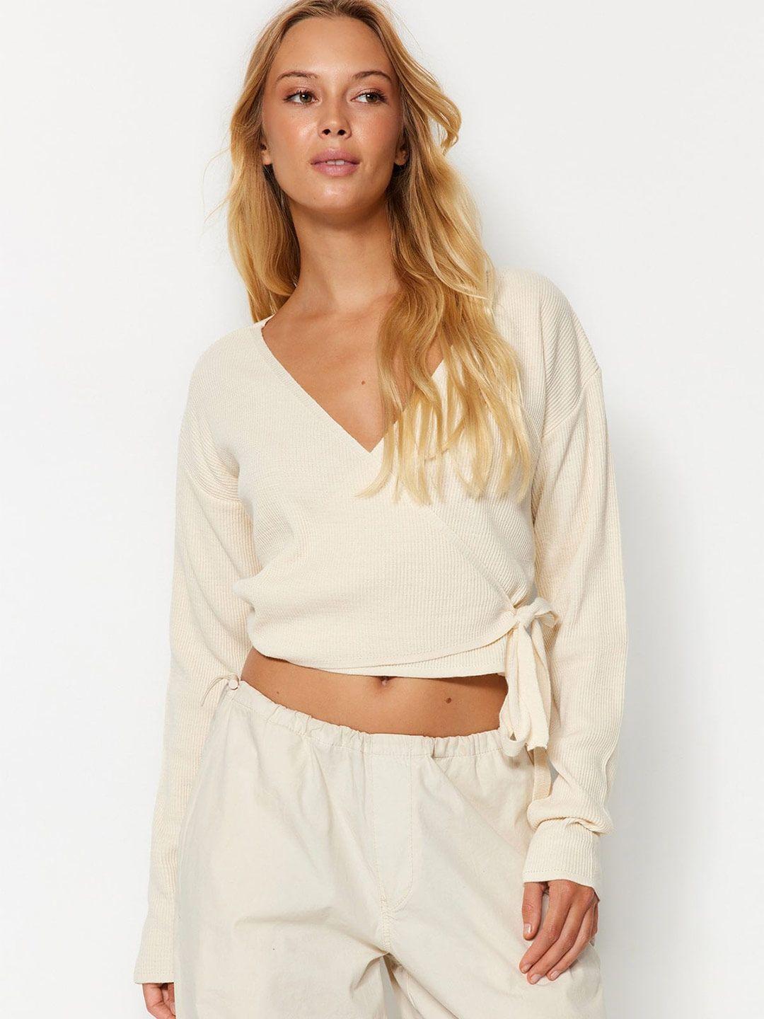 trendyol ribbed v-neck long sleeves crop acrylic pullover