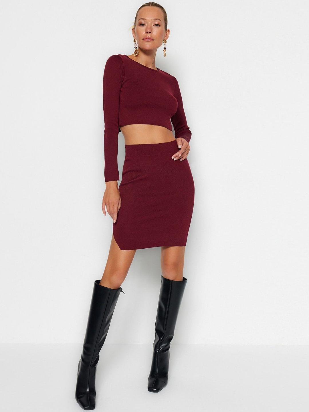 trendyol round neck crop top with skirt