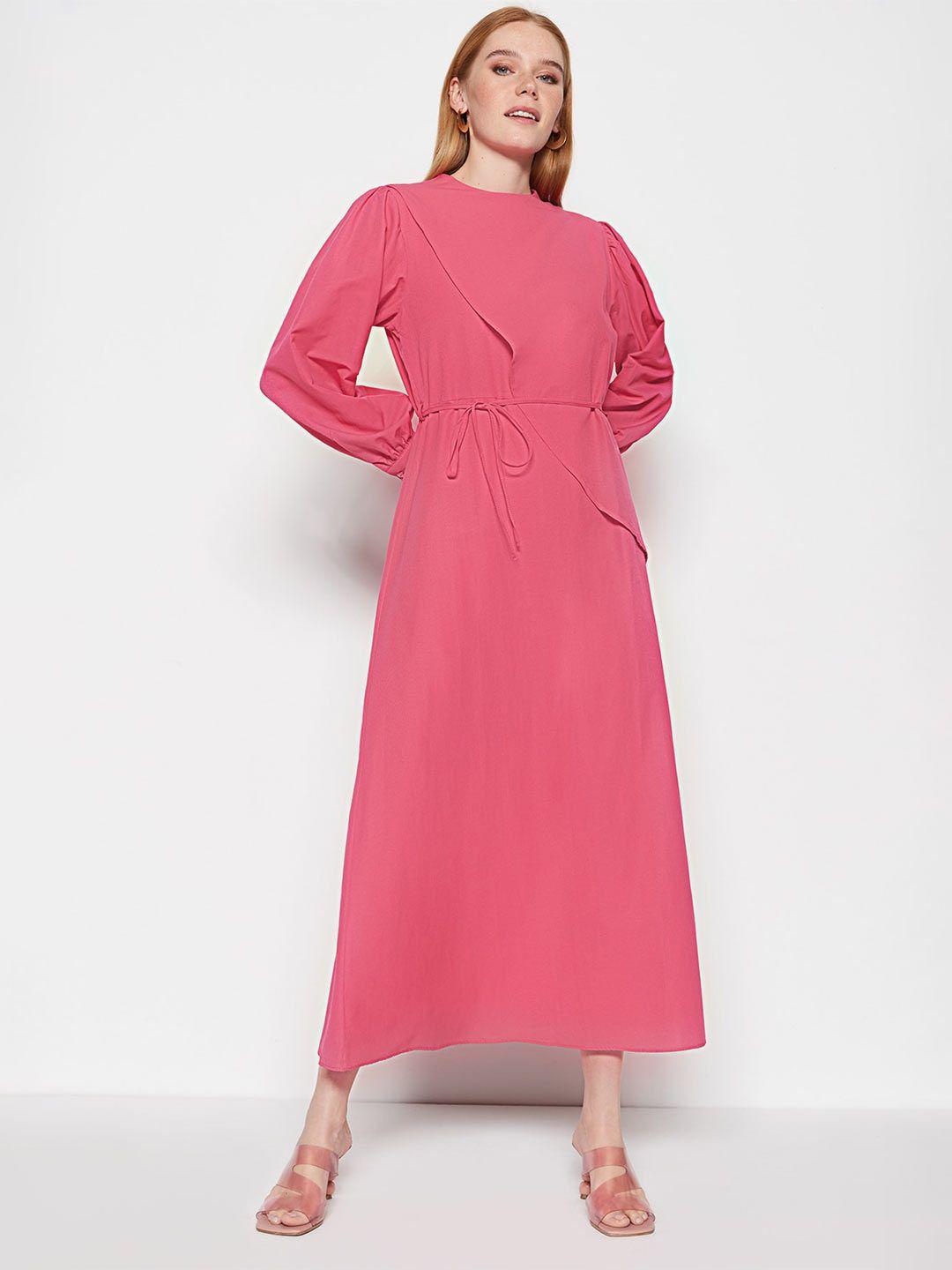 trendyol round neck cuffed sleeves tie-up midi dress