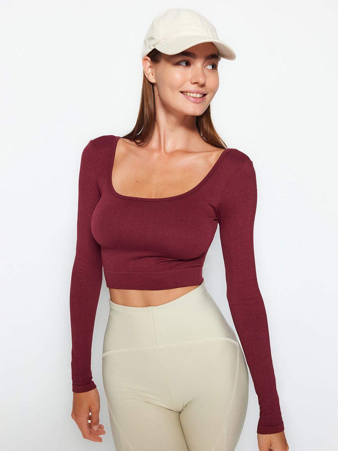 trendyol round neck long sleeve fitted crop top