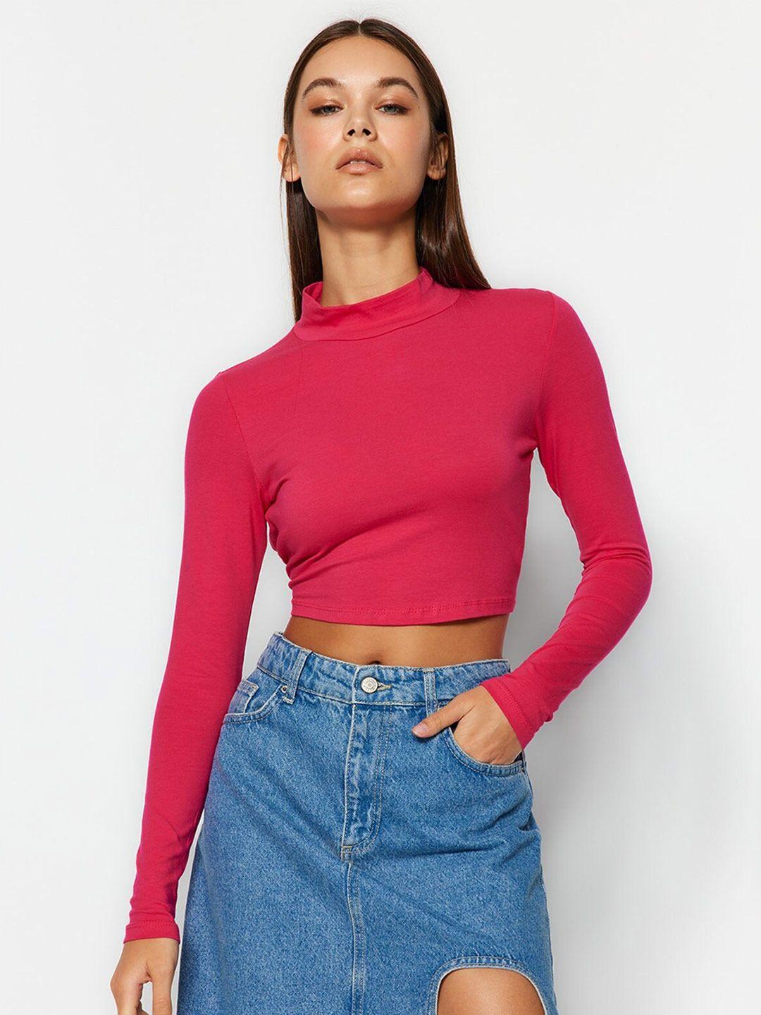 trendyol round neck long sleeves styled back crop top