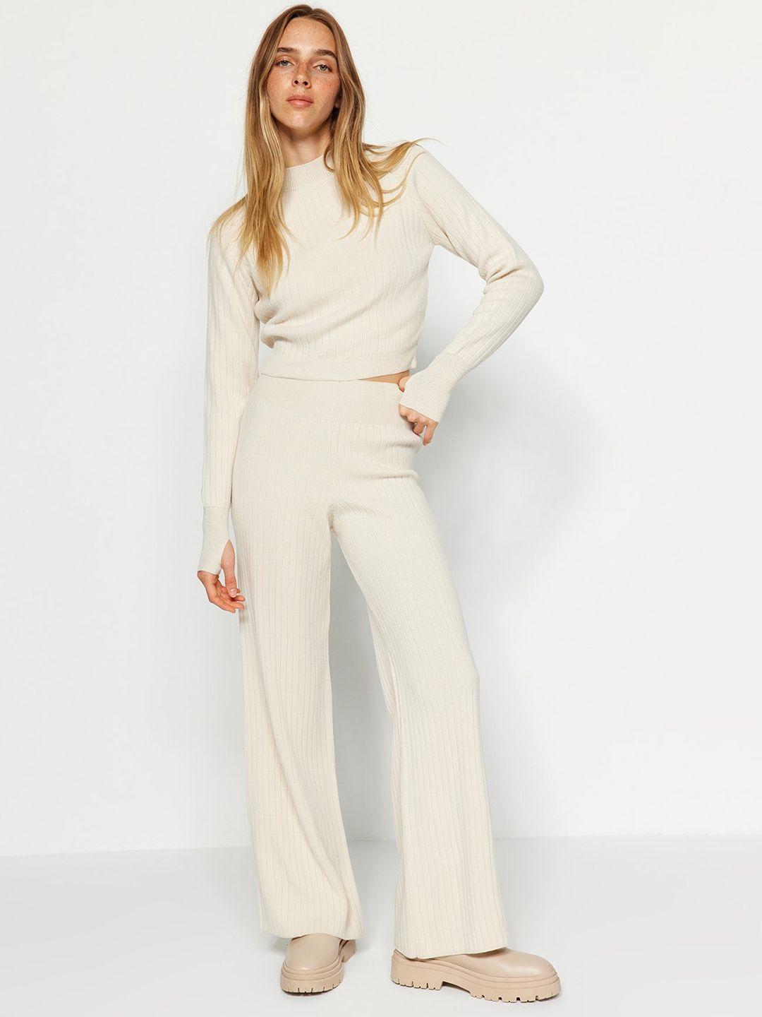 trendyol round neck ribbed acrylic top with trousers