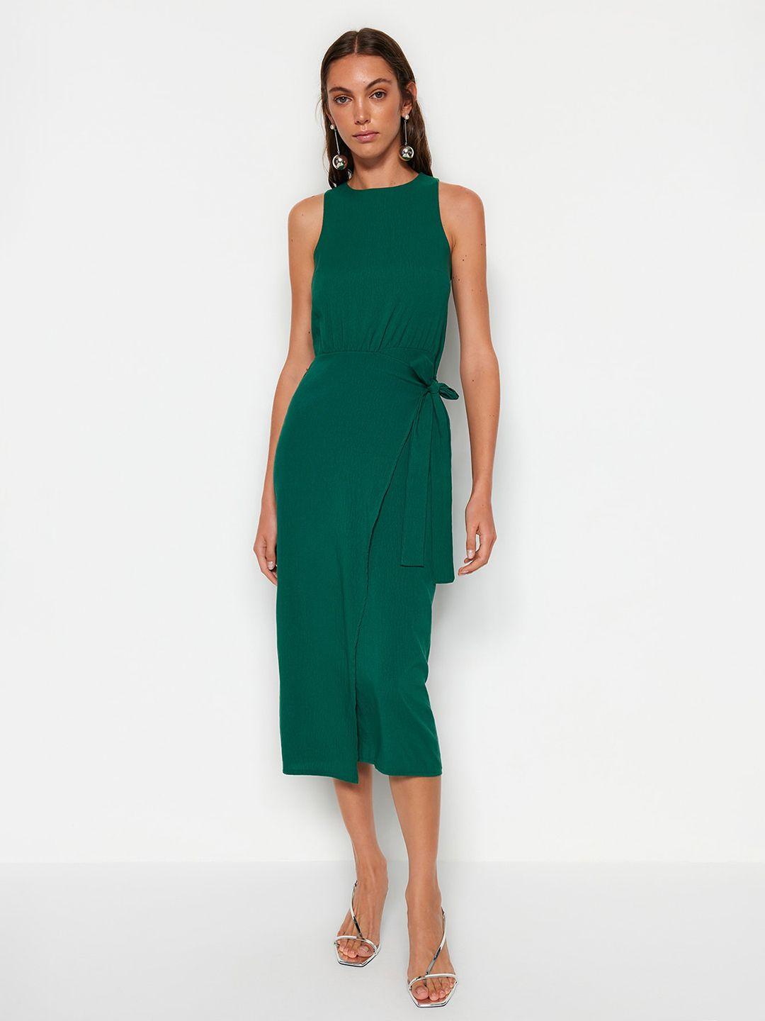 trendyol round neck sheath opaque midi dress