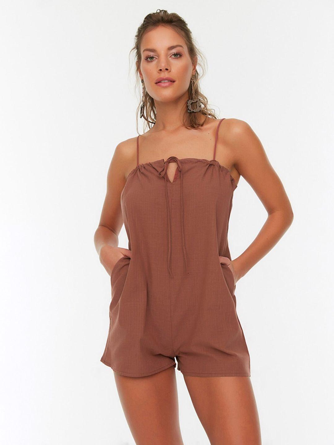 trendyol rust brown solid shoulder straps pure cotton playsuit