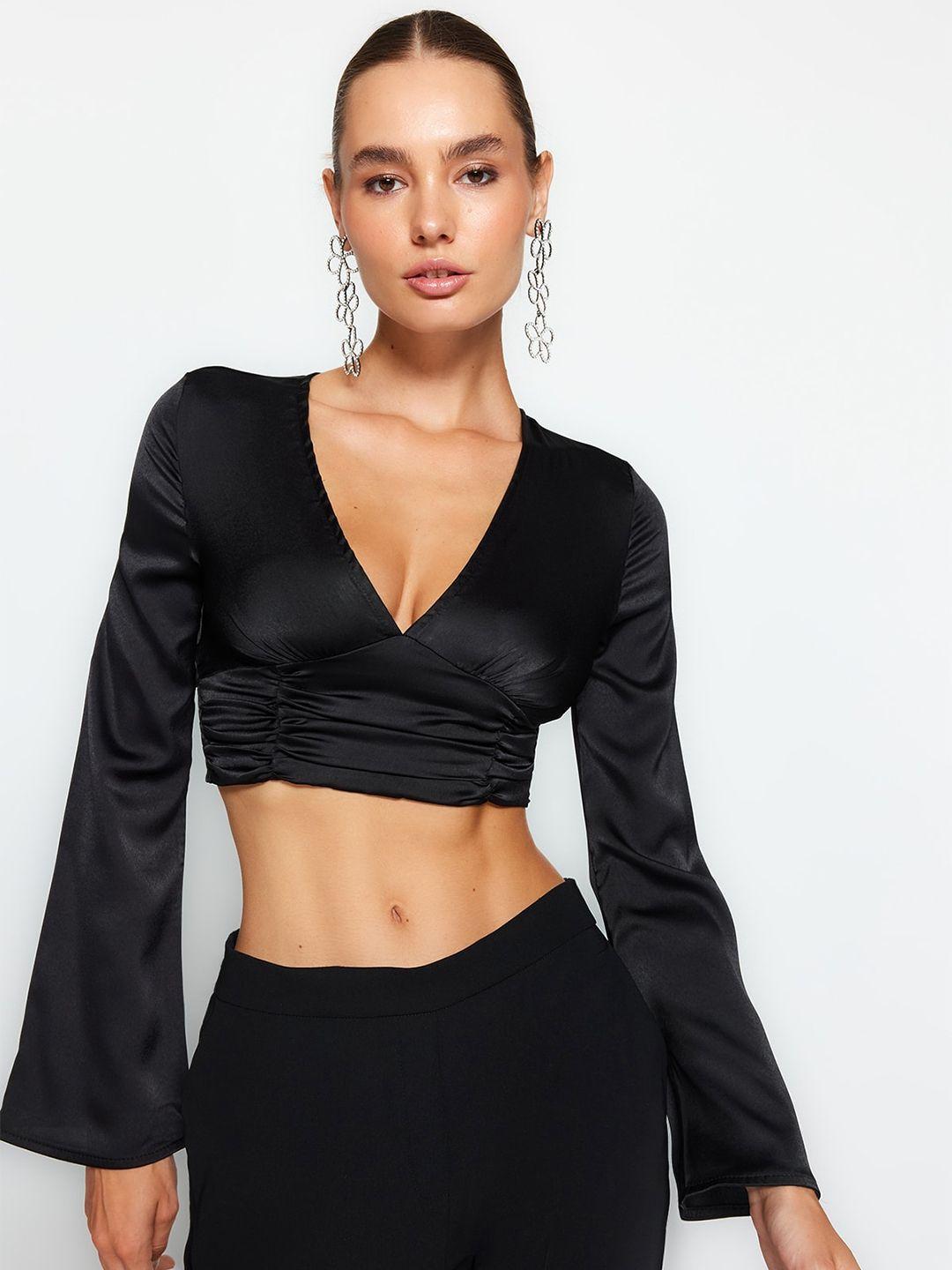 trendyol scoop neck flared sleeve gathered crop top