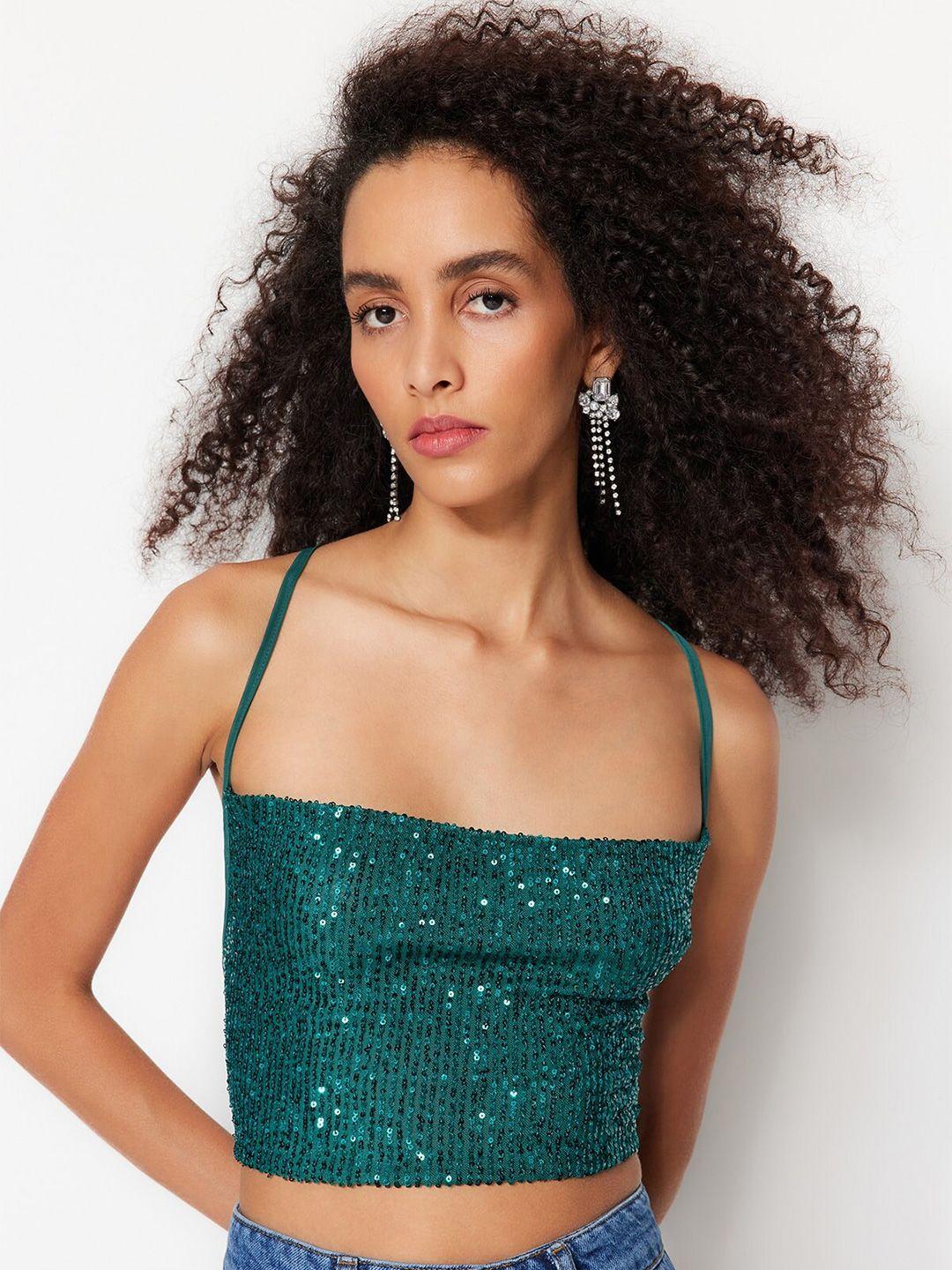 trendyol sequined shoulder strapped crop top