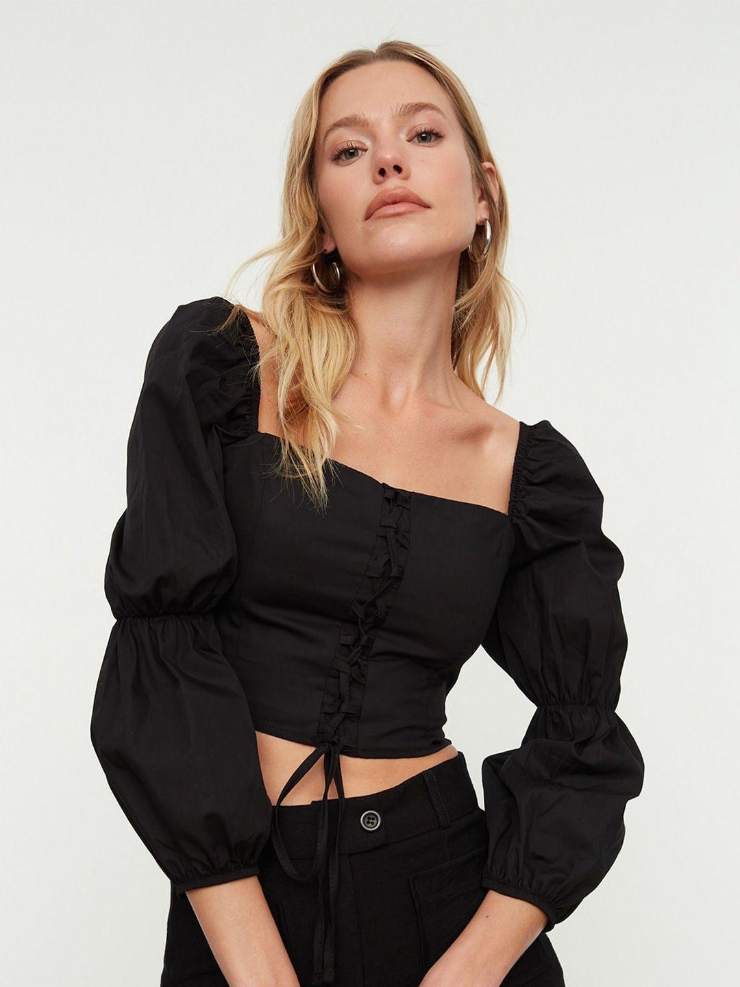 trendyol square neck puff sleeve pure cotton crop top