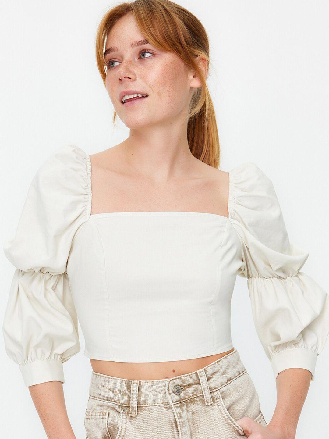 trendyol square neck puff sleeves cotton fitted crop top