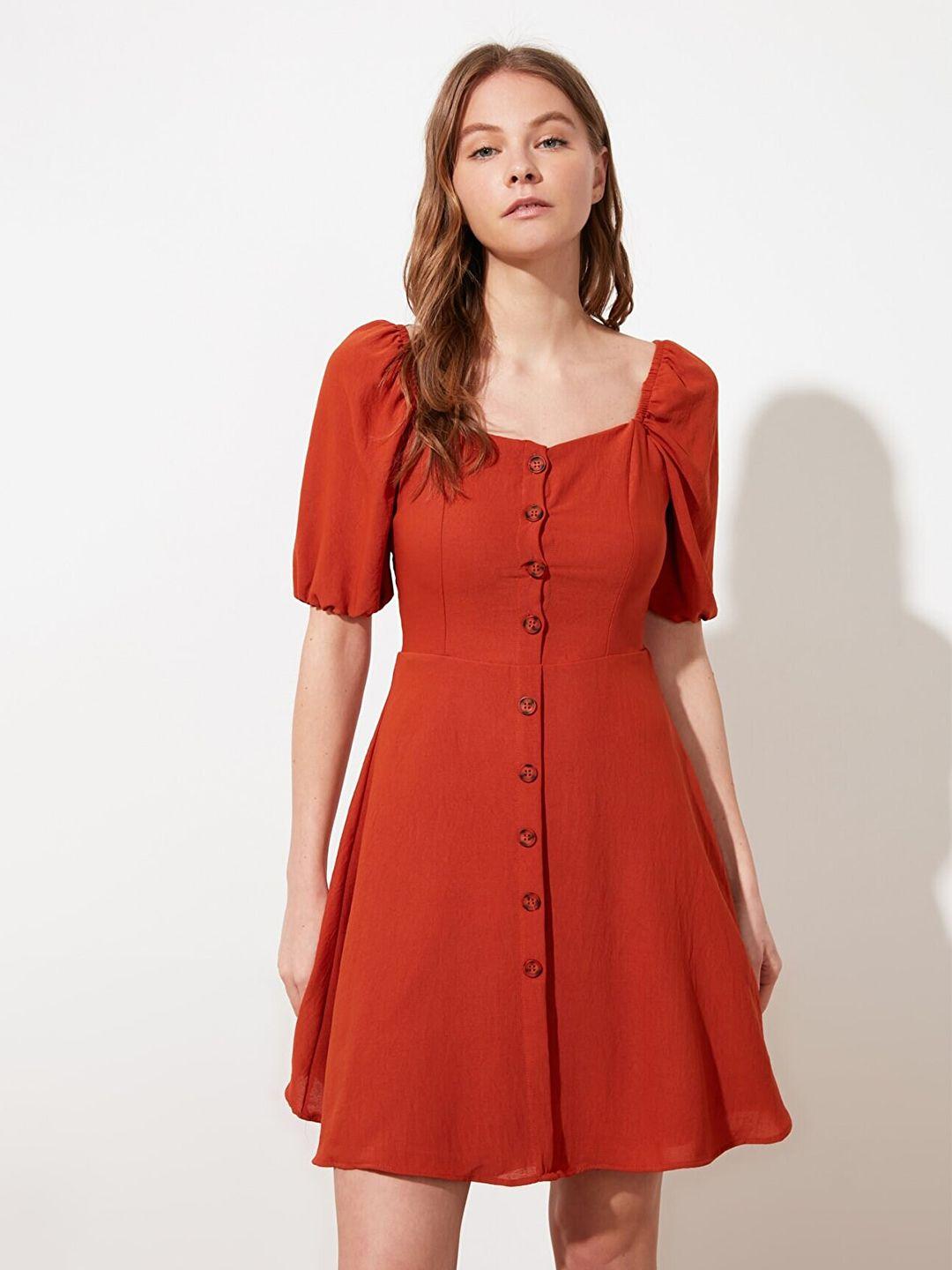trendyol square neck puff sleeves fit and flare dress