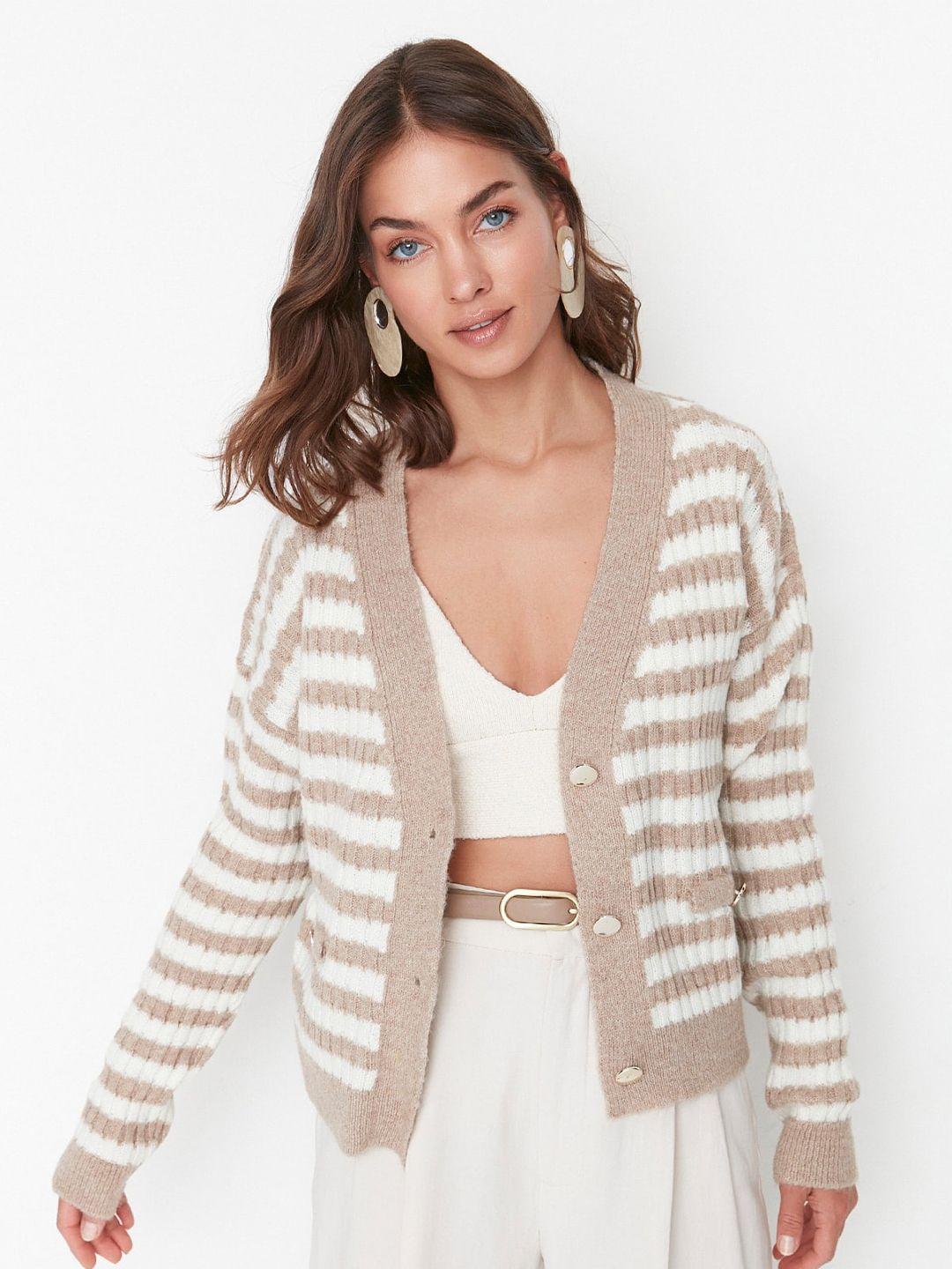 trendyol striped acrylic v-neck cardigan