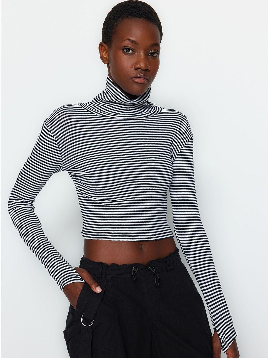 trendyol striped high neck crop fitted top