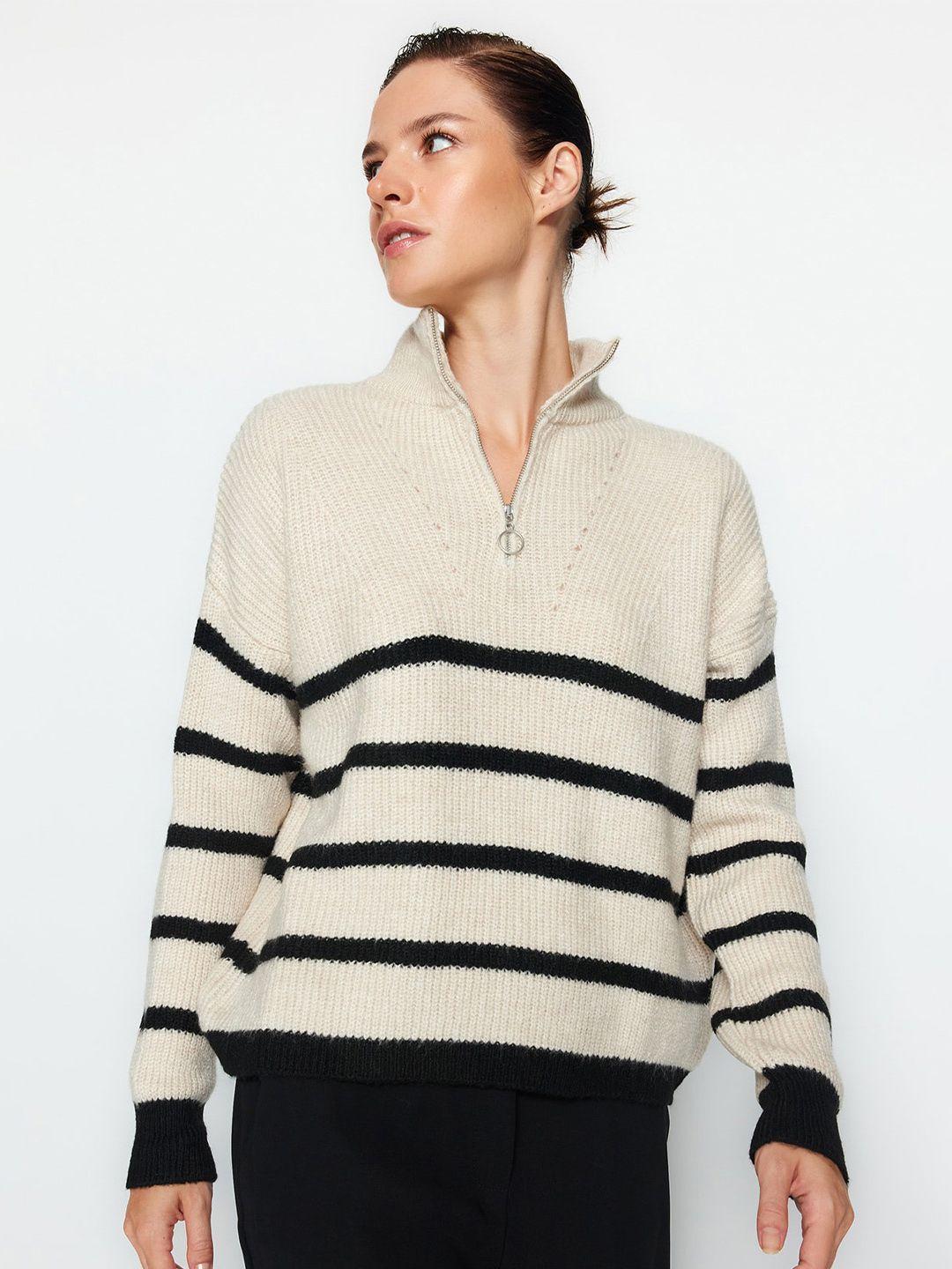 trendyol striped mock collar pullover