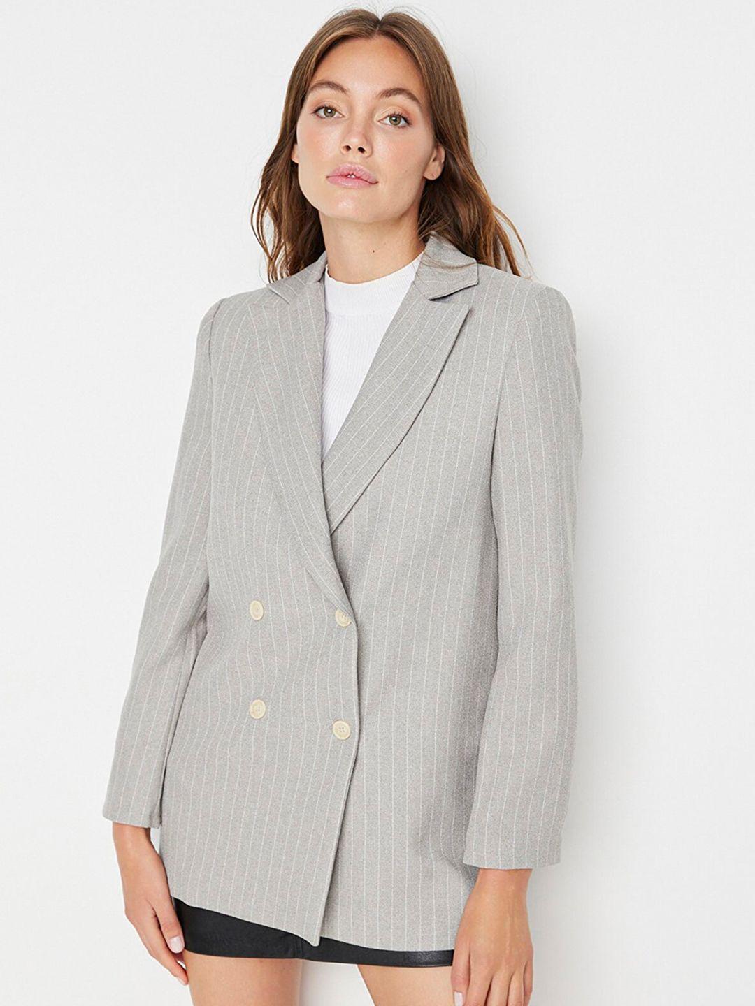 trendyol striped notched lapel long sleeves double-breasted blazer