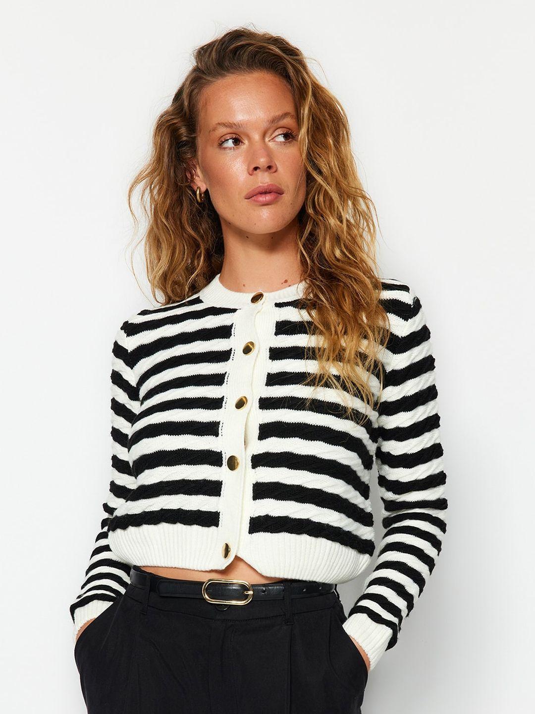 trendyol striped printed round neck long sleeve acrylic cardigan sweaters