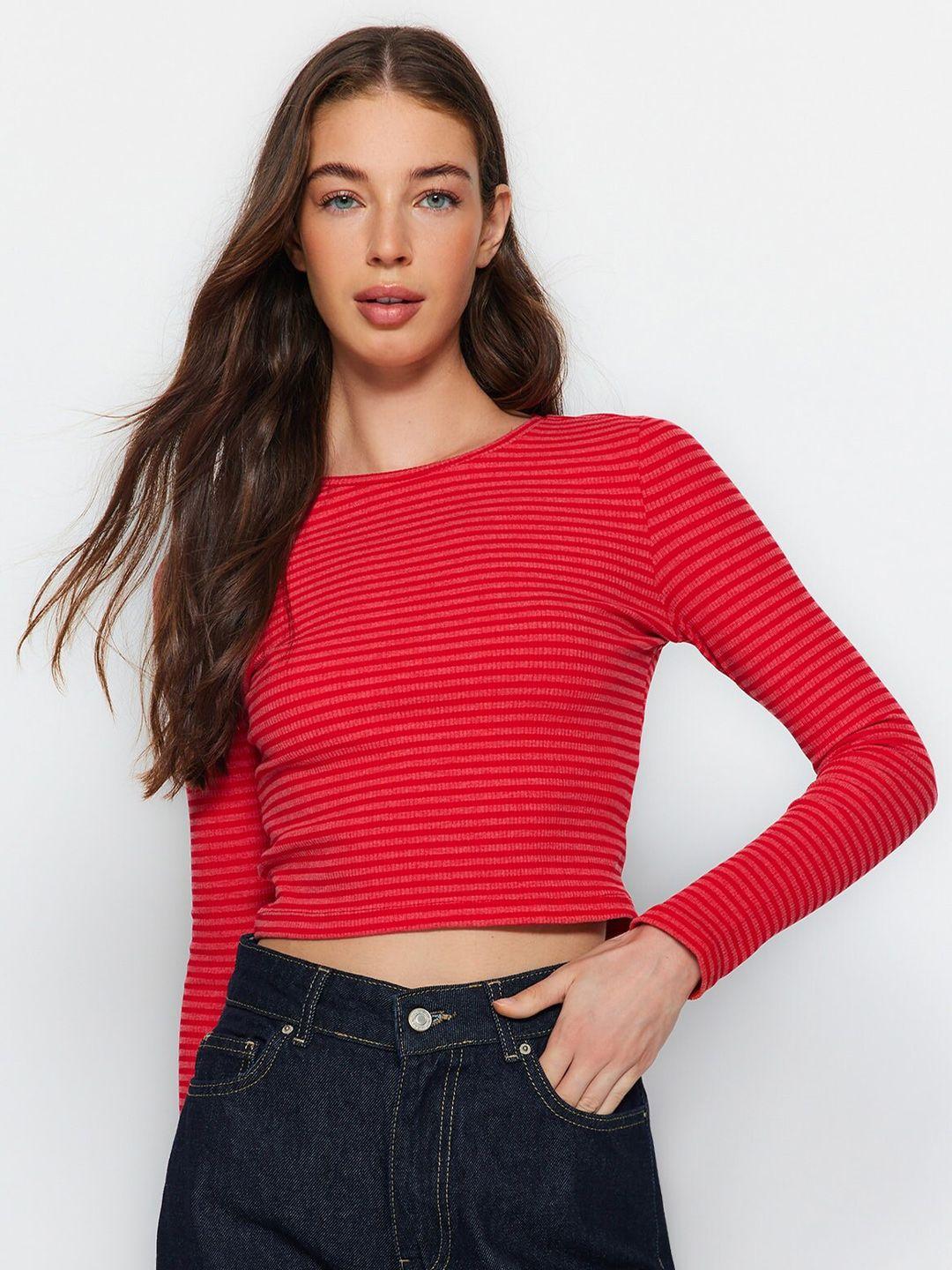 trendyol striped round neck cotton regular crop top