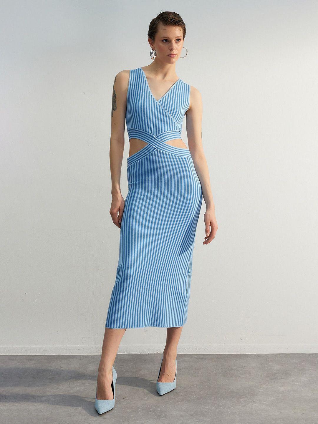 trendyol striped sheath cut-out midi acrylic dress