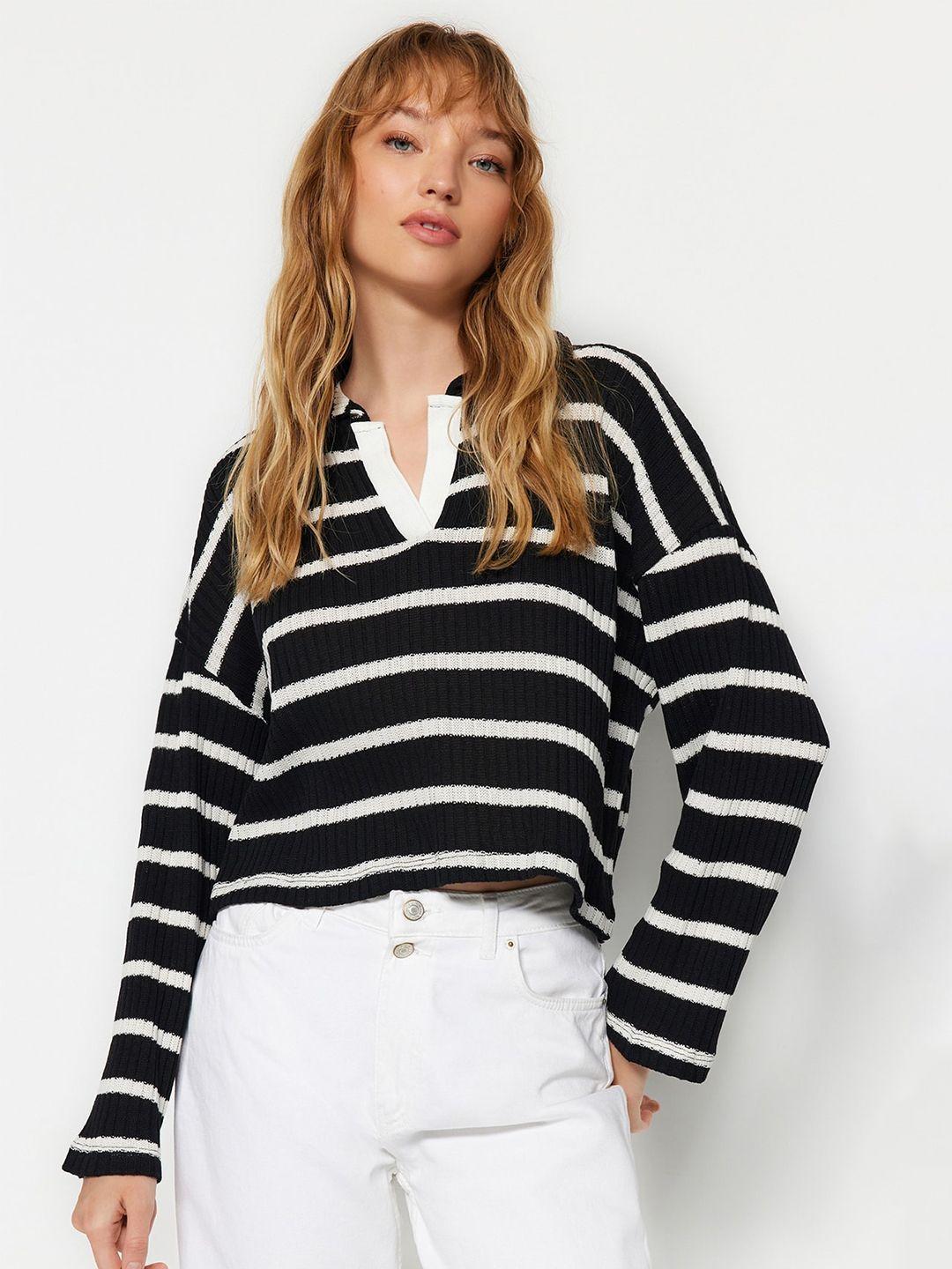 trendyol striped shirt collar crop top