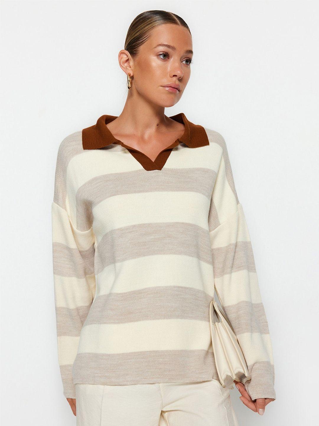 trendyol striped shirt collar pullover